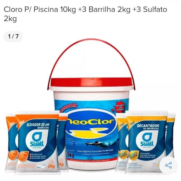 Cloro p/ piscina 10kg + 3 barrilha 2kg + 3 sulfato 2kg