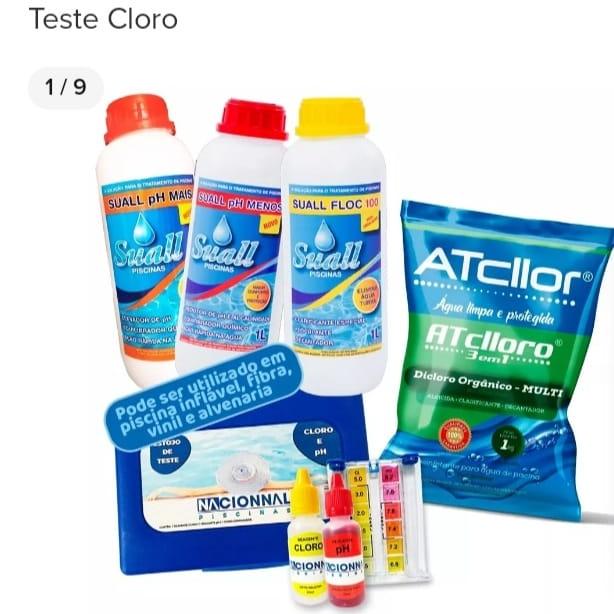 Kit tratamento piscina elevador redutor de teste cloro