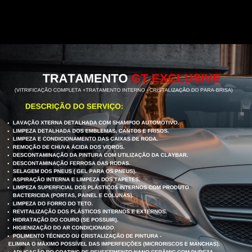 Tratamento GT exclusive (vitrificação completa + tratamento interno + cristalização do para-brisa) - Carro pequeno