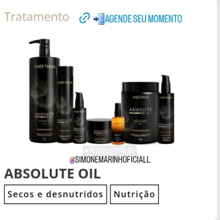 1 cabelo quebradiço ,sem brilho, embaraçado.ABSOLUTE OIL.Aneethun ,tratamento premium com óleos nobres para uma nutrição intensiva . + resultado com nanotecnologia ou Escova e prancha ou CORTE de: 79,90 em 3x ou 50,00 cada. dinheiro|pix