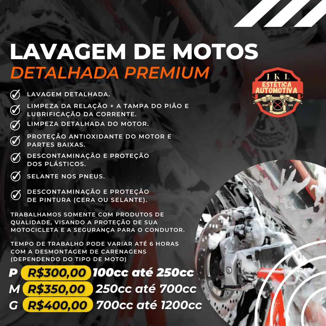 Lavagem Detalhada Premium (moto) A Partir de R$:300,00