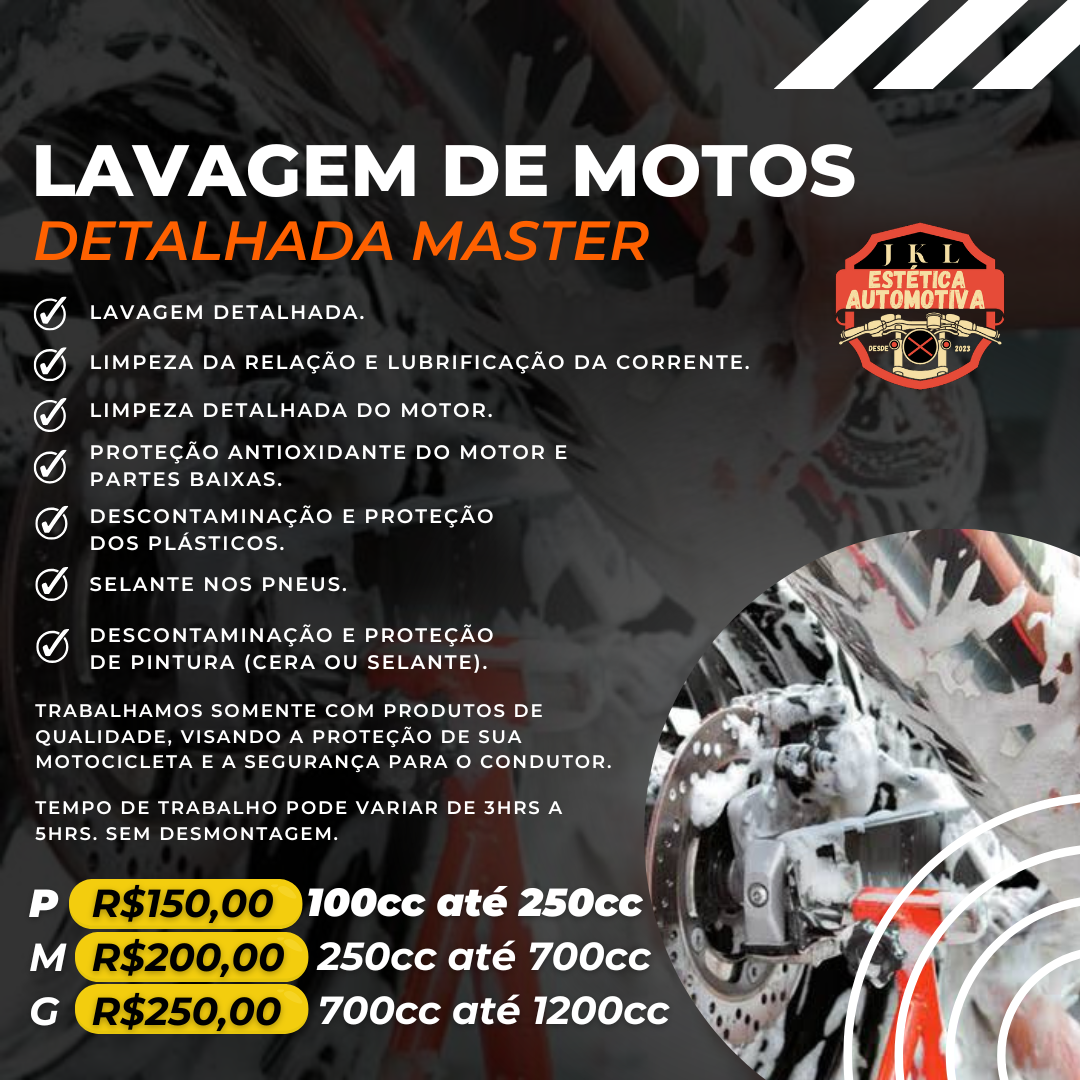 Lavagem Detalhada Master (moto): a partir de R$150,00