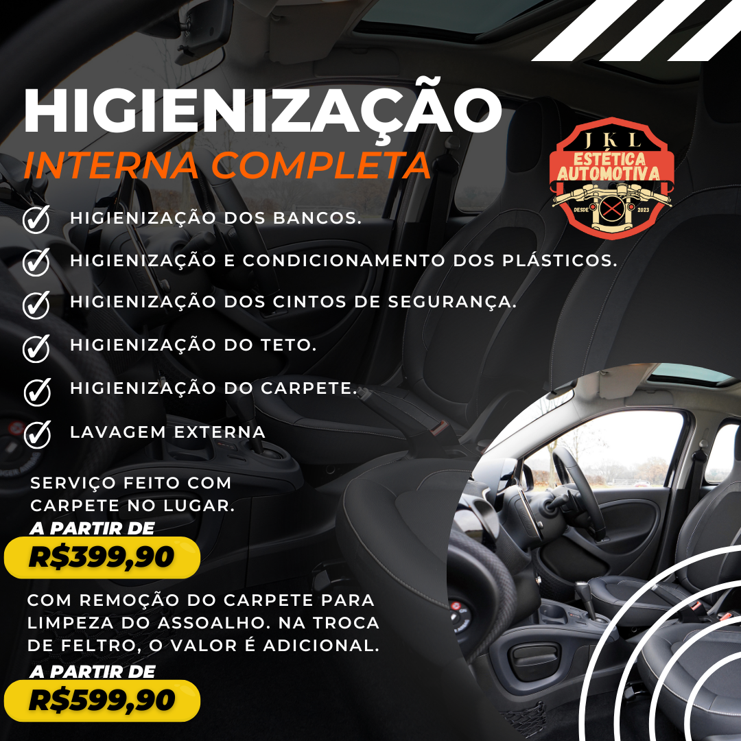 Higienização interna (carro): a partir de R$400,00