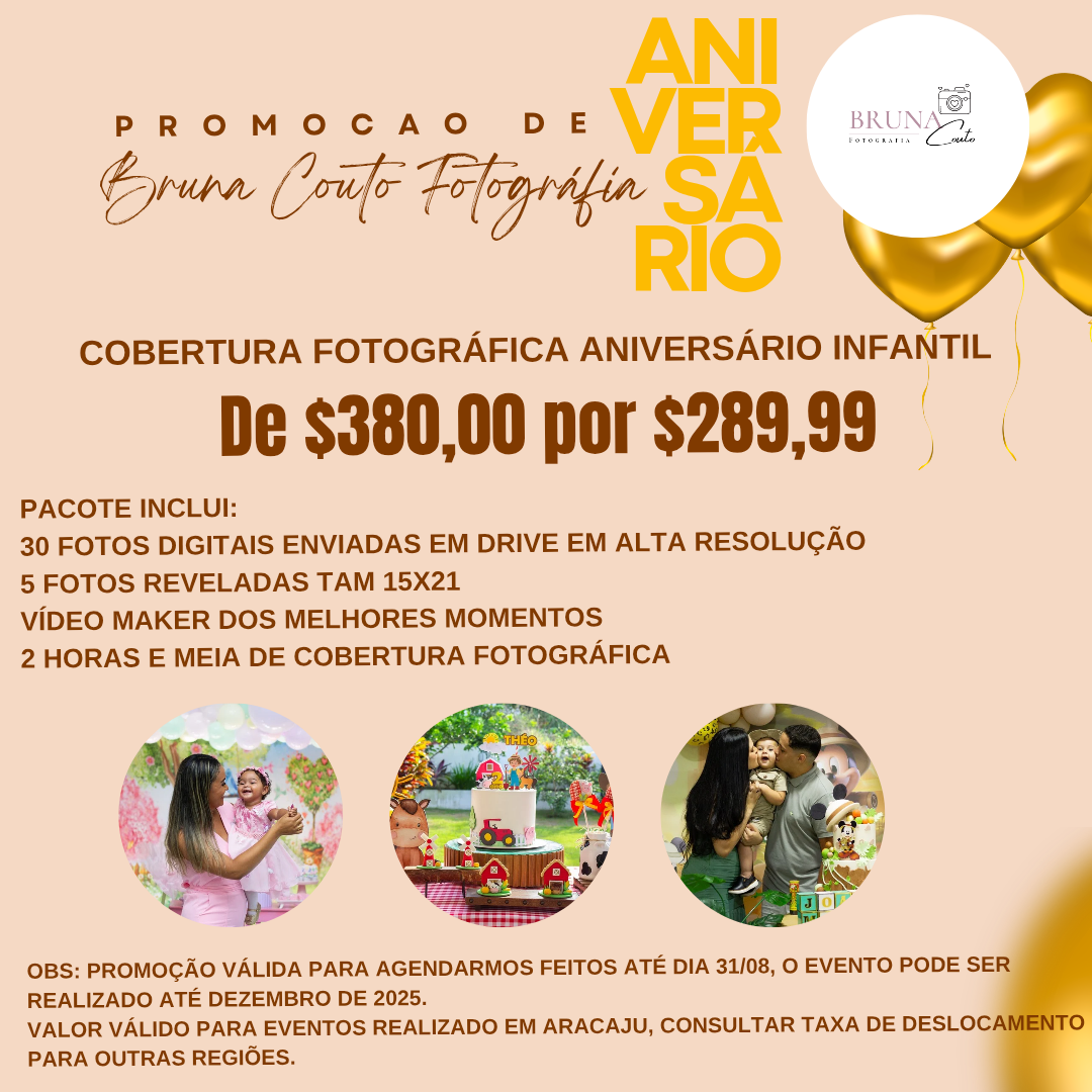 Cobertura fotográfica aniversário infantil valor promocional (30 fotos digitais + 5 fotos reveladas Tam 10x15 + vídeo Maker dos melhores momentos 2 horas e meia de cobertura fotográfica