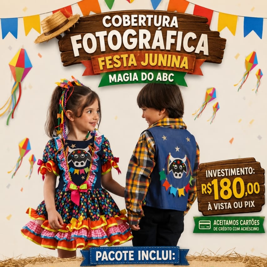 Cobertura Junina Magia do ABC pacote inclui: cobertura completa no evento / 10 Fotos digitais enviadas via link em alta resolução / 1 Vídeomaker editado da criança com a família e da criança dançando